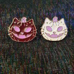 Cat-o-lantern pumpkin halloween enamel lapel pin set of 2
